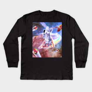 Laser Eyes Space Cat Riding Rainbow Pizza Kids Long Sleeve T-Shirt